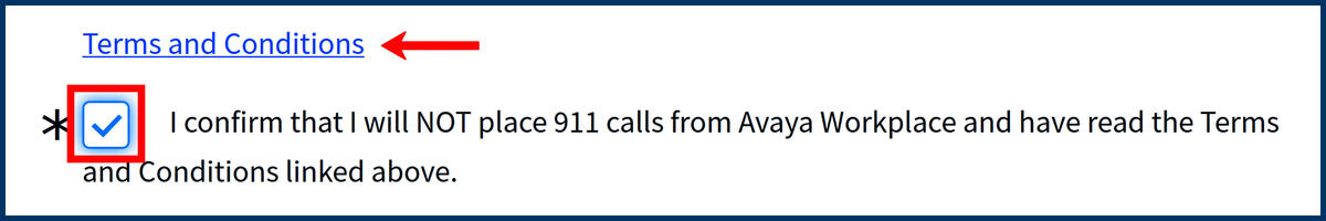 Screenshot of the Confirm e911 statement and check box